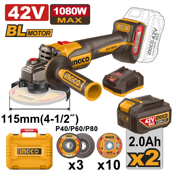 AMOLADORA ANGULAR D-115 42V 1080W. 2x2Ah